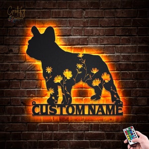 Home Decor Pet Animal Decoration - Bulldogs Dog Metal Wall Art LED Light - Personalized Flower Dog Lover Name Sign - Pet Memorial Gifts