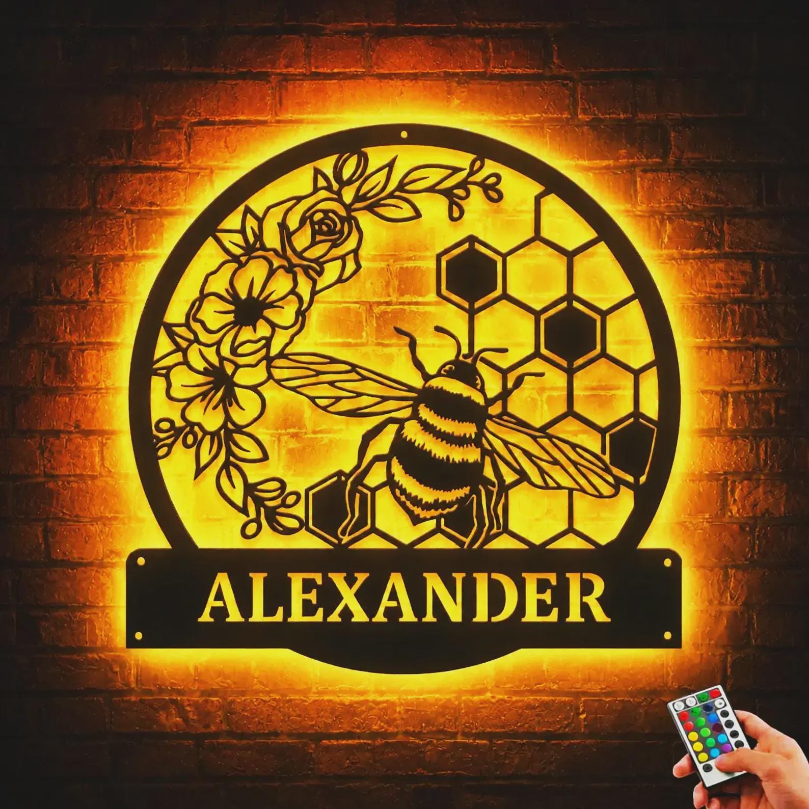 Personalized Honey Bee Monogram Metal Sign With LED Lights, Custom ...