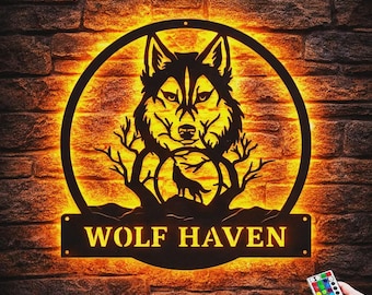 Custom Wolf Monogram Metal Wall Sign with LED Lights – Howling Wolf Decor