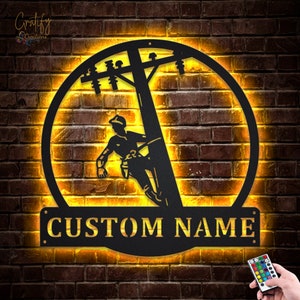 Lineman Linework Metal Sign LED Lights v7, Custom Lineman Metal Sign, Lineman Neon Sign, Lineman Linework Neon Decor Wall Hanging