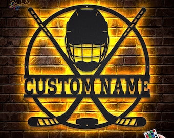 Hockey Stick Custom Metal Wall Art With LED Lights, Personalized Air Hockey Metal Signs,Hockey Player Metal Wall Decor, Hockey Wall Hanging