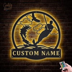 Custom Water Skiing Monogram Metal Sign With LED Lights, Personalized Water Skiing Metal Sign, Waterski Wall Hanging, Beach Metal Wall Art