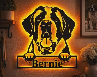 Custom St Bernard Dog Metal Wall Art With LED Lights, Personalized St Bernard Metal Sign, St Bernard Dog Name Sign, St Bernard Wall Decor