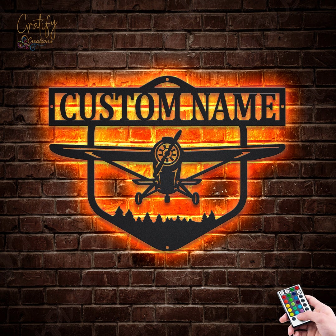 Custom Vintage Airplane Metal Wall Art LED Light Pilot Name Sign Home