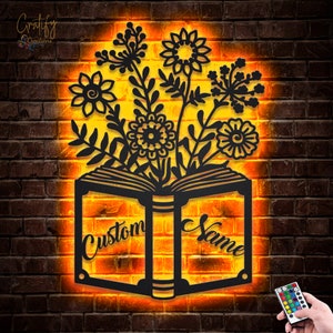 Book Metal Wall Art LED Lights v7, Custom Book Fans Metal Signs, Book Neon Metal Wall Decor, Book Wall Hanging For Decoration