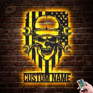 Skull Garage Metal Wall Art LED Light Custom Workshop Name Sign Home Decor Car Mechanic Repair Decoration Repairman Birthday Christmas