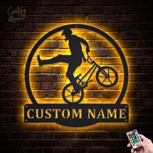 BMX Biker Metal Sign LED Lights v6, Custom BMX Cycle Sport Metal Sign, Biker Neon Metal Wall Decor, Bikers Wall Hanging For Decoration
