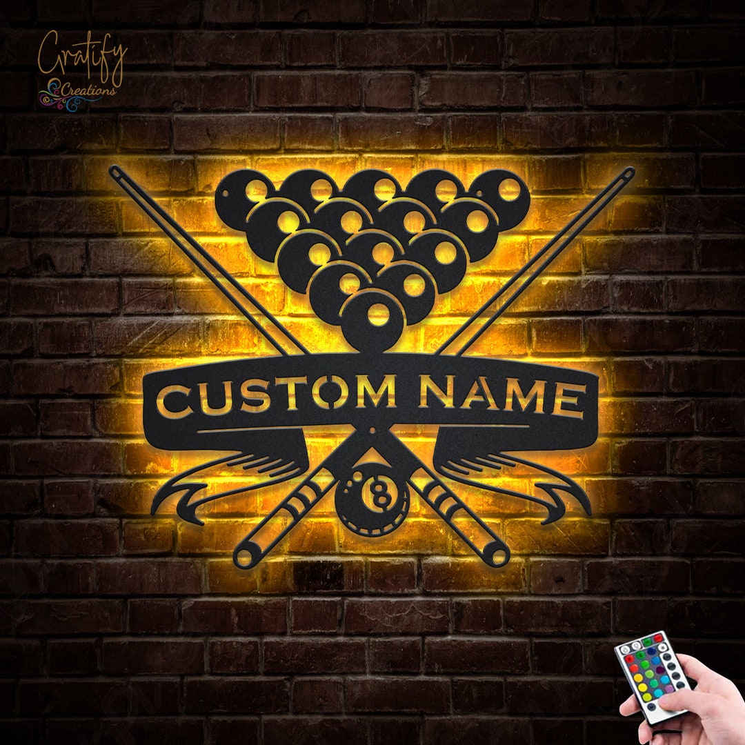 Billiards Metal Wall Art LED Light V7, Custom Billiards Metal Signs