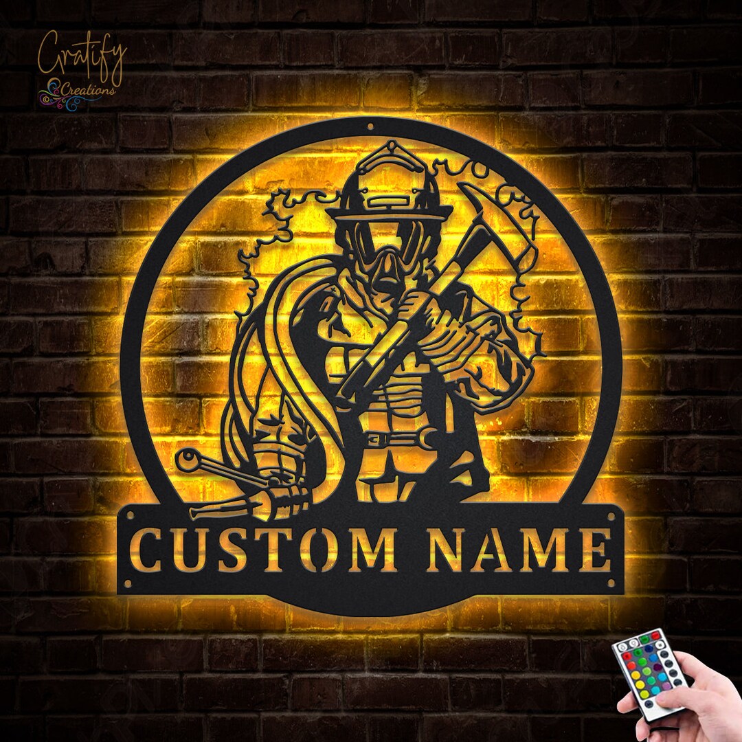 Custom Fireman Monogram Metal Wall Art With LED Lights,personalized