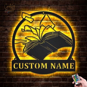 Book Metal Wall Art LED Lights v1, Custom Book Fans Metal Signs, Book Neon Metal Wall Decor, Book Wall Hanging For Decoration