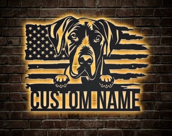 Custom US Great Dane Dog Metal Wall Art With LED Lights, Personalized Great Dane Dog Metal Signs, Great Dane Metal Wall Decor, Wall Hanging