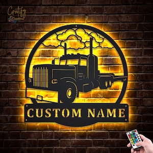 Flat Bed Semi Metal Wall Art LED Lights, Custom Flat Bed Semi Truck Metal Signs, Truck Name Metal Wall Decor, Trucker Wall Hanging