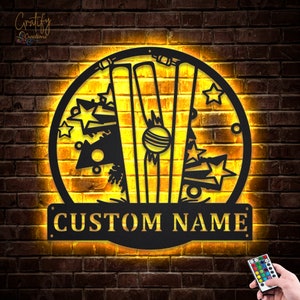Cricket Stump Sport Metal Wall Art LED Lights v2, Custom Cricket Sport Metal Signs, Cricket Neon Metal Decor, Cricket Wall Hanging