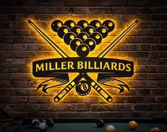 Custom Billiards LED Metal Sign | Pool Table Light Game Room Wall Art
