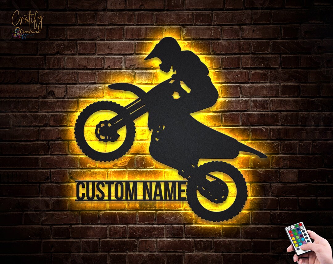 Personalized Dirt Bike Metal Sign, LED Dirt Bike Wall Art, Biker Name