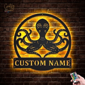 Octopus Metal Sign LED Lights v1, Custom Octopus Metal Sign, Octopus Neon Sign, Metal Beach Sign, Lake House Art