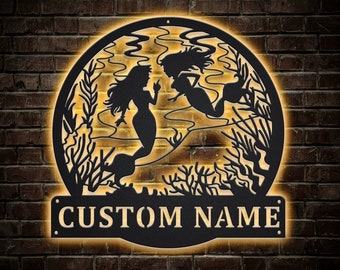 Personalized Mermaid LED Metal Sign, RGB Color Changing Room Decor, Beach House Art, Mermaid Lover Gift