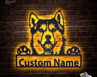 Placa de metal com luzes LED para cachorro Husky Siberiano, placa de metal personalizada para cachorro Husky Siberiano, decoração de parede para Husky Siberiano, decoração neon para Husky Siberiano
