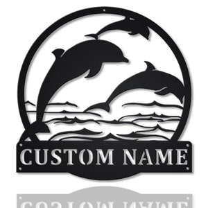 Drie dolfijn aangepaste metalen bord kunst, gepersonaliseerde dolfijn metalen borden, strand grappige metalen wanddecoratie, dolfijn naam muur opknoping voor decoratie