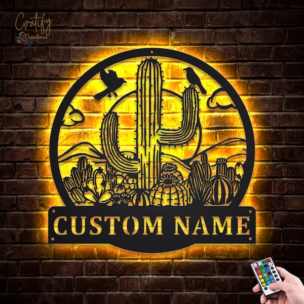 Cactus Desert Scene Metal Sign LED Lights, Custom Cactus Metal Sign, Cactus Neon Metal Sign, Garden Outdoor Wall Hanging For Decoration