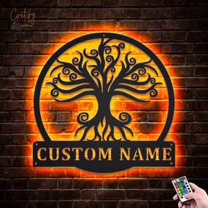 Roots Tree Family Metal Sign LED Lights v8, Custom Family Metal Signs, Tree Of Life Neon Metal Decor, Tree Of Life Wall Hanging