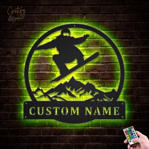 Custom Snowboarding Metal Sign With LED Lights, Personalized Snowboarding Sign, Snowboard Name Sign, Winter Sport Lover Wall Hanging image 2