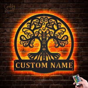 Roots Tree Family Metal Sign LED Lights v7, Custom Family Metal Signs, Tree Of Life Neon Metal Decor, Tree Of Life Wall Hanging