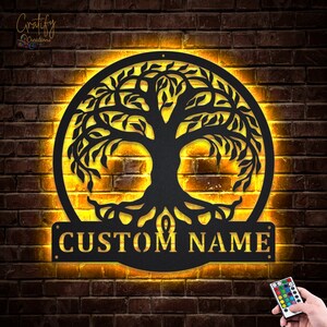 Roots Tree Family metalen bord ledverlichting v1, gepersonaliseerde familie metalen borden, levensboom neon metalen decor, levensboom muur hangen