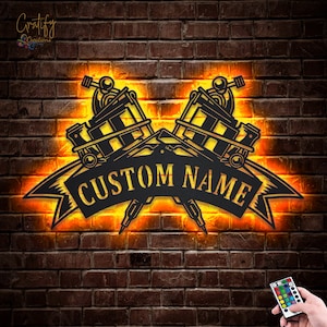 Custom Crossed Tattoo Machine Metal Sign With LED Lights, Personalized Tattoo Machine Sign,Tattoo Machine Shop Decor,Tattoo Studio Name Sign