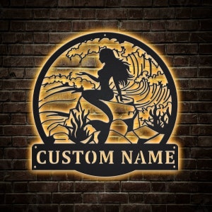 Mermaid Metal Sign LED Lights v1, Custom Mermaid Metal Sign, Mermaid Neon Metal Wall Decor, Mermaid Wall Hanging For Decoration
