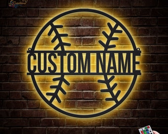 Custom Baseball Ball Metal Wall Art With LED Lights,Personalized Baseball Metal Signs, Baseball Name Metal Wall Decor, Baseball Wall Hanging