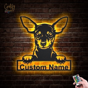 Personalisierte Zwergpinscher Hund Metall Schild mit LED-Leuchten Benutzerdefinierte Miniatur Pinscher Metallschild, Geburtstagsgeschenk Zwergpinscher Zeichen