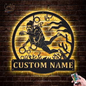 Scuba Diving Metal Sign LED Lights v2, Custom Scuba Diving Metal Sign, Beach Wall Art, Scuba Diver Neon Metal Wall Decor,