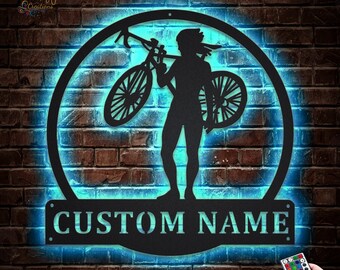 Bicycle Metal Sign LED Lights v8, Custom Bicycle Sport Metal Sign, Cycling Neon Metal Sign, Cyclist And Biker, Bicycle Wall Hanging