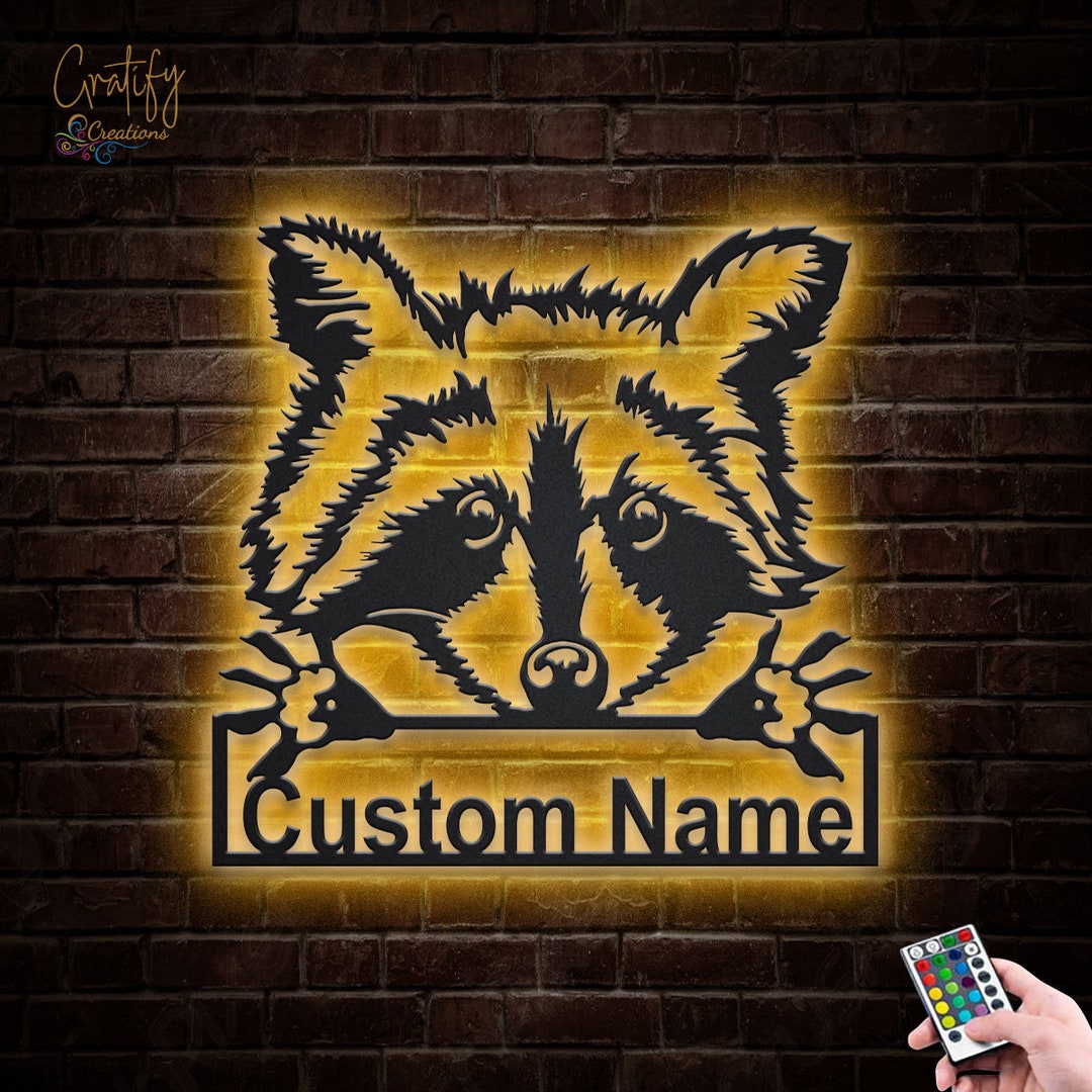 Metal Racoon Panel Raccoon Metal Wall Art With LED Lights V2, Custom Raccoon Metal Signs ...