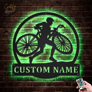 Bicycle Metal Sign LED Lights v5, Custom Bicycle Sport Metal Sign, Cycling Neon Metal Sign, Cyclist And Biker, Bicycle Wall Hanging