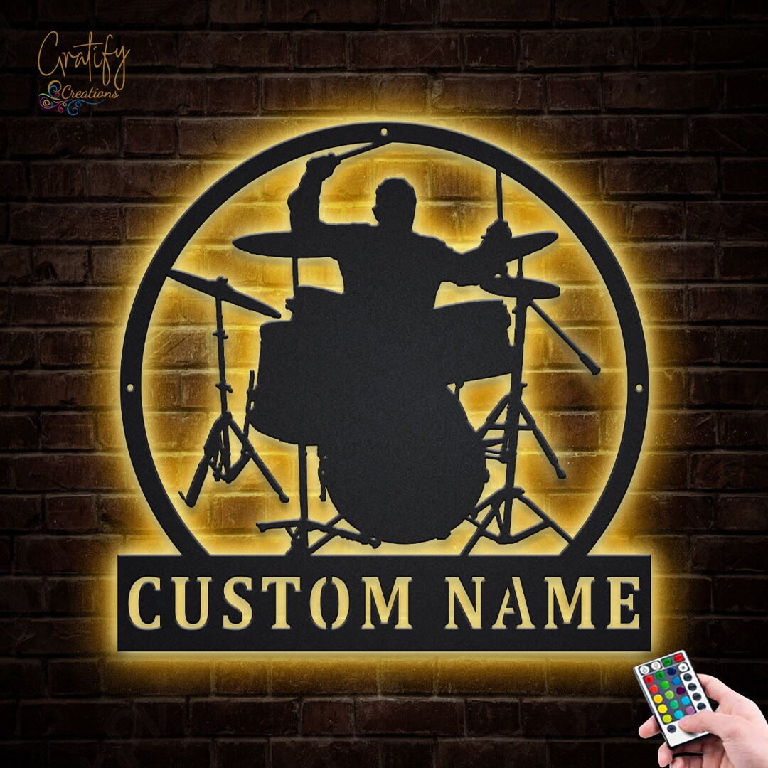 Drummer Sign Custom Drummer Male Metal Wall Art With LED Lights, Personalized ...