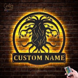 Roots Tree Family Metal Sign LED Lights v14, Custom Family Metal Signs, Tree Of Life Neon Metal Decor, Tree Of Life Wall Hanging