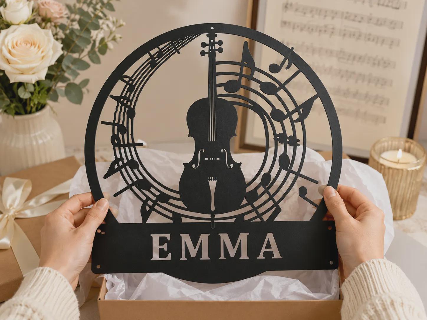 Custom Cello Monogram Metal Wall Art, RGB LED Music Studio Decor
