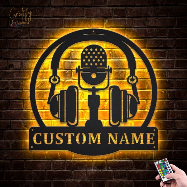 Microphone Metal Sign With LED Lights v3,Custom Microphone Metal Signs,Musical Instrument Metal Wall Decor,Micro Wall Hanging For Decoration