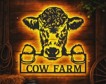 Custom Cow Metal Wall Art LED Lights, Personalized Cow Farm Metal Sign, Cow Farm Name Sign, Cow Wall Hanging For Decorations Farm Sign Decor