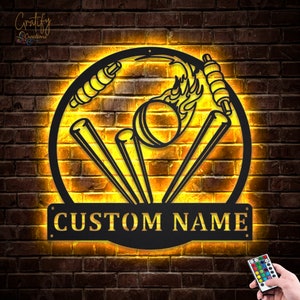 Cricket Stump Sport Metal Wall Art LED Lights v1, Custom Cricket Sport Metal Signs, Cricket Neon Metal Decor, Cricket Wall Hanging