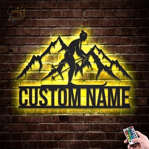 Skiing Metal Wall Art LED Lights v9, Custom Snow Skiing Metal Sign, Snow Skiing Neon Metal Decor, Skier Wall Hanging For Decoraton