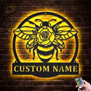 Bee Metal Sign LED Lights v11, Custom Honey Bee Metal Sign, Bee Honeycombs Metal Wall Decor, Bee Wall Hanging For Decoration