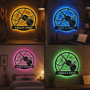 Niestandardowy metalowy znak LED z monogramem skrzypcowym, zmieniająca kolor grafika ścienna RGB, dekoracja pokoju muzycznego, prezent dla muzyka smyczkowego zdjęcie 8