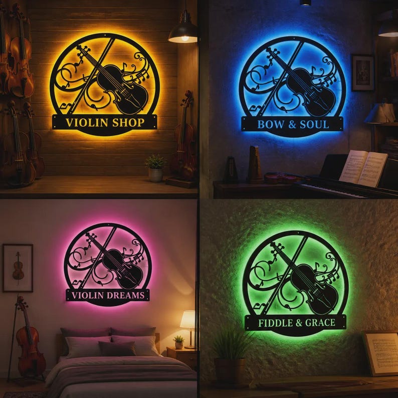 Niestandardowy metalowy znak LED z monogramem skrzypcowym, zmieniająca kolor grafika ścienna RGB, dekoracja pokoju muzycznego, prezent dla muzyka smyczkowego zdjęcie 8