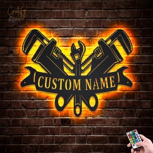 Plumbing Metal Sign LED Lights v3, Custom Plumbing Metal Sign, Plumbing Neon Metal Wall Decor, Plumber Wall Hanging