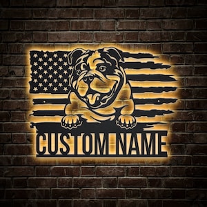 Custom US English Bulldog Dog Metal Sign With LED Lights v2, Personalized Bulldog Metal Sign, Dog Name Sign, Dog Lover Home Decor