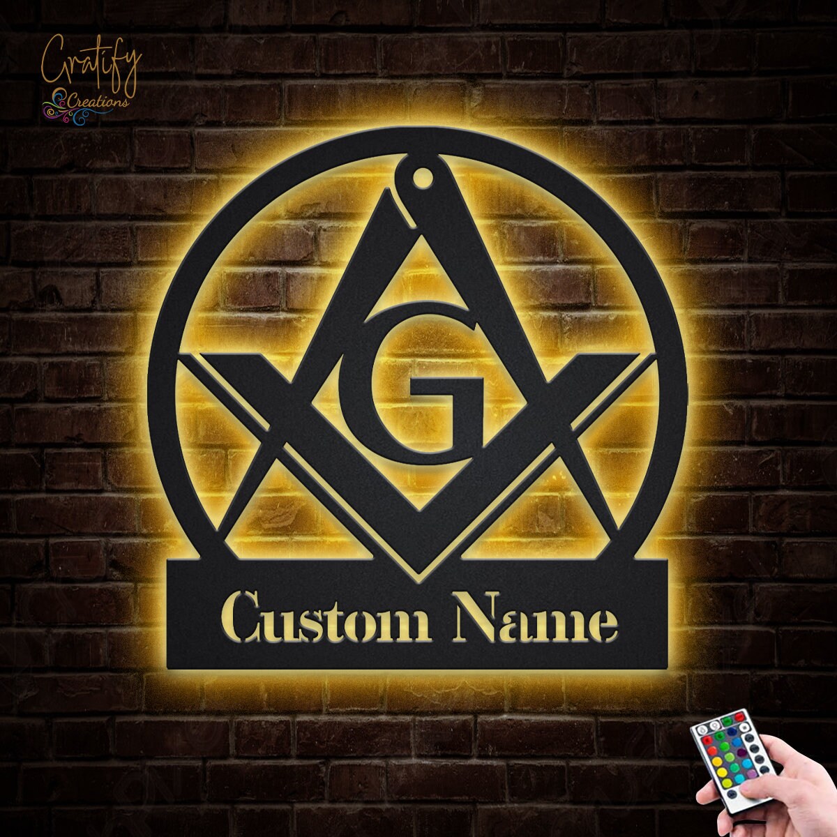 Handmade Masonic Symbol LED Night Light Lamp – Personalized Name, 16 Colors, USB Powered, Remote Control