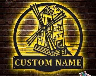 Windmill Metal Sign LED Lights v2, Custom Windmill Metal Sign, Windmill Neon Sign, Windmill Neon Metal Wall Decor, Dutch Windmill Art